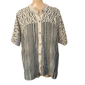 Produce Company Cotton Button Up Shirt Men Size 1X Black Taupe Striped Geometric